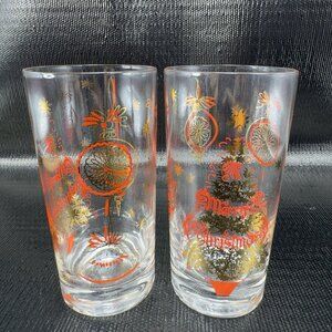 Beaver Valley Merry Christmas Tree Highball Tumblers Drinking Glasses Set 2 VTG